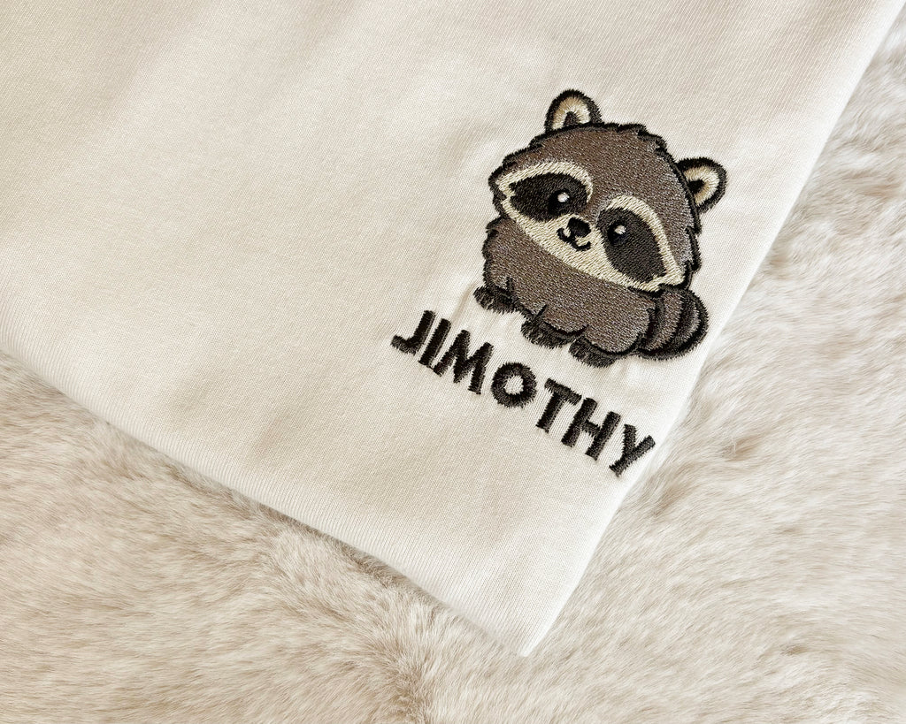Jimothy Raccoon Shirt, Embroidered Seattle Raccoon UNISEX T-Shirt with NAME, Viral Cute Raccoon Gift, Ballard Short Spine Raccoon Tee