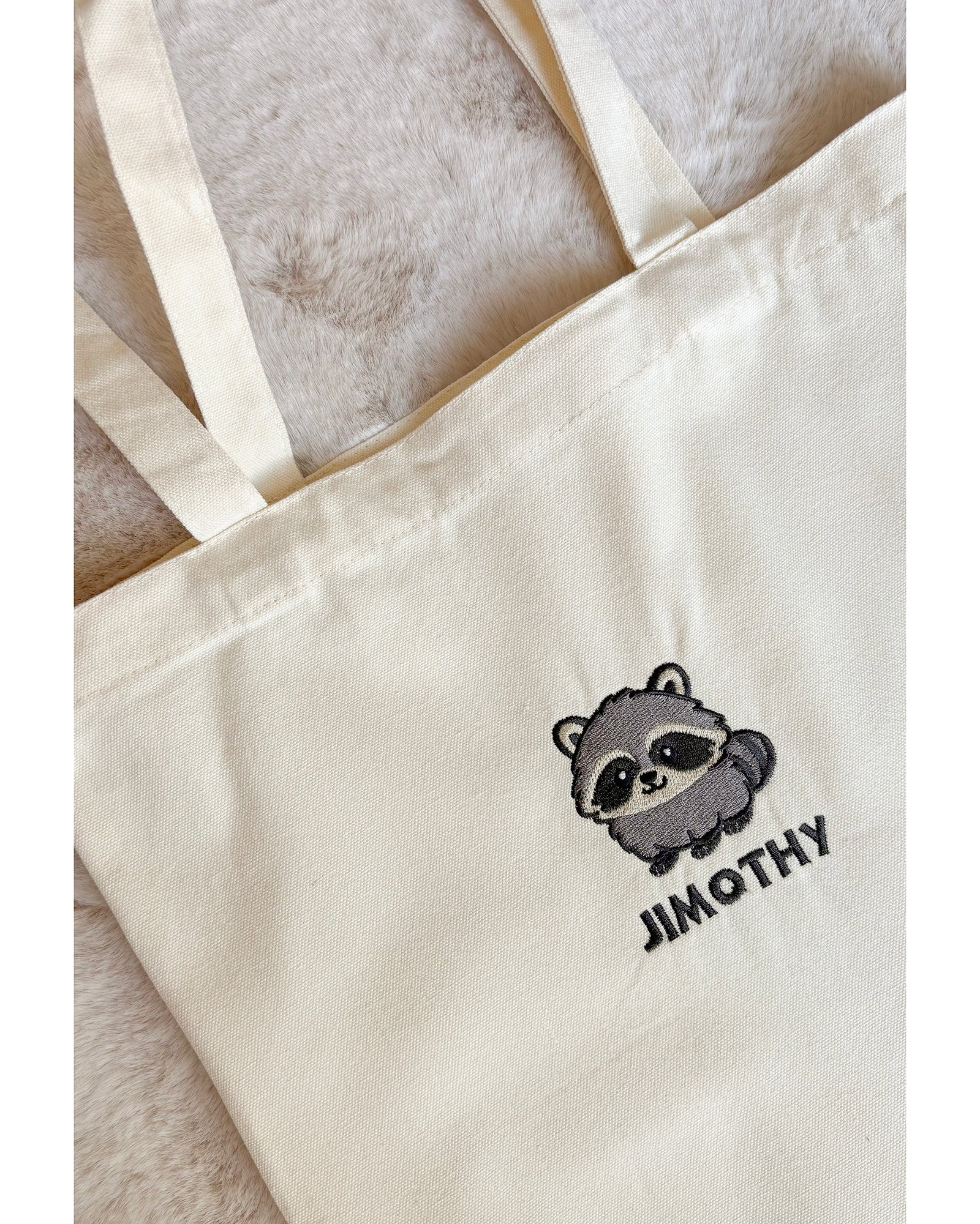 Jimothy Raccoon Canvas Tote Bag, Embroidered Seattle Raccoon Tote Bag, Viral Raccoon Gift, Ballard Short Spine Raccoon Bag
