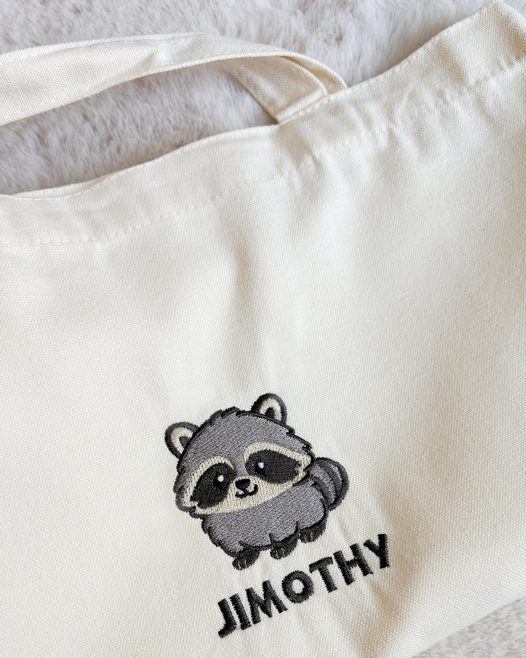 Jimothy Raccoon Canvas Tote Bag, Embroidered Seattle Raccoon Tote Bag, Viral Raccoon Gift, Ballard Short Spine Raccoon Bag