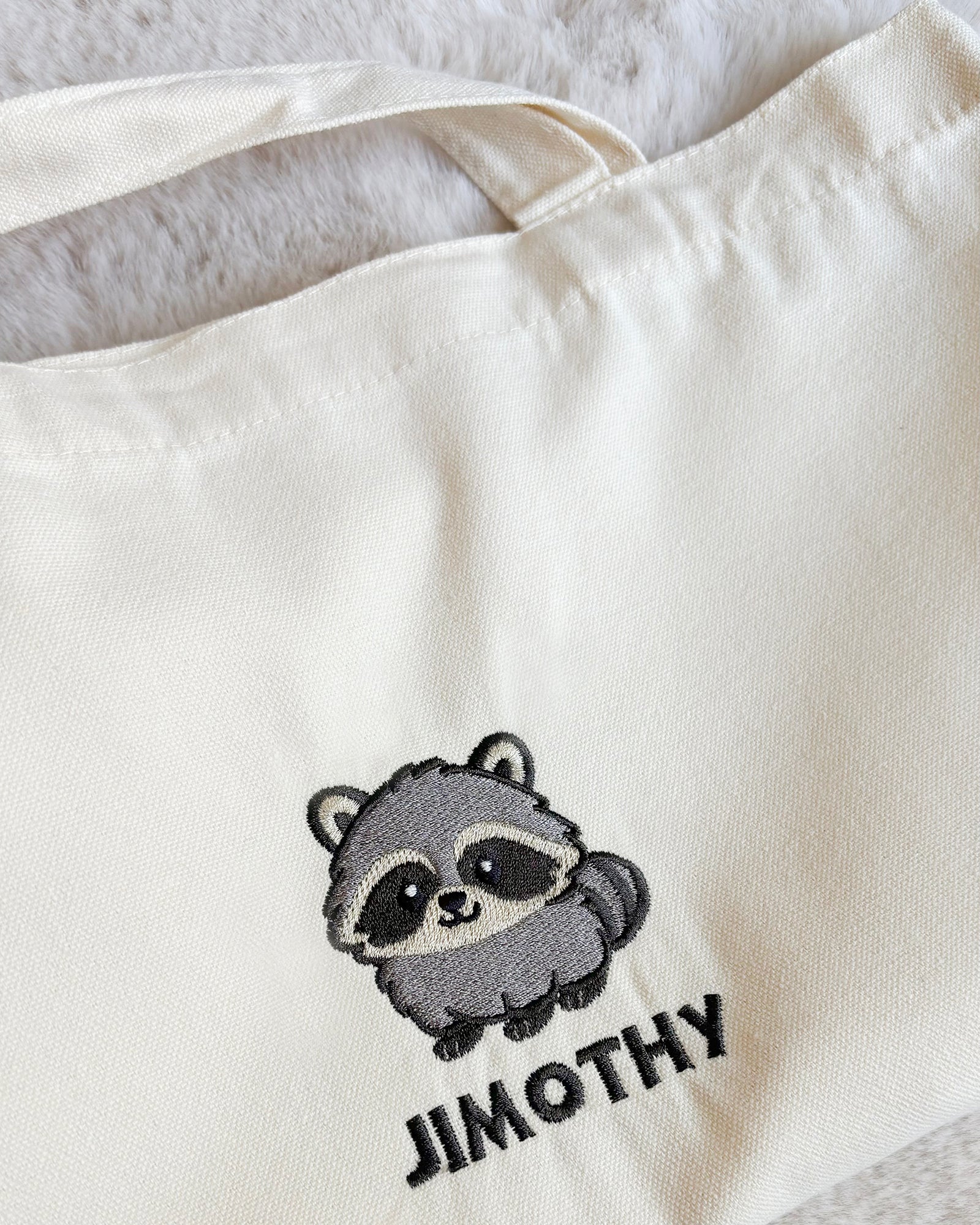 Jimothy Raccoon Canvas Tote Bag, Embroidered Seattle Raccoon Tote Bag, Viral Raccoon Gift, Ballard Short Spine Raccoon Bag
