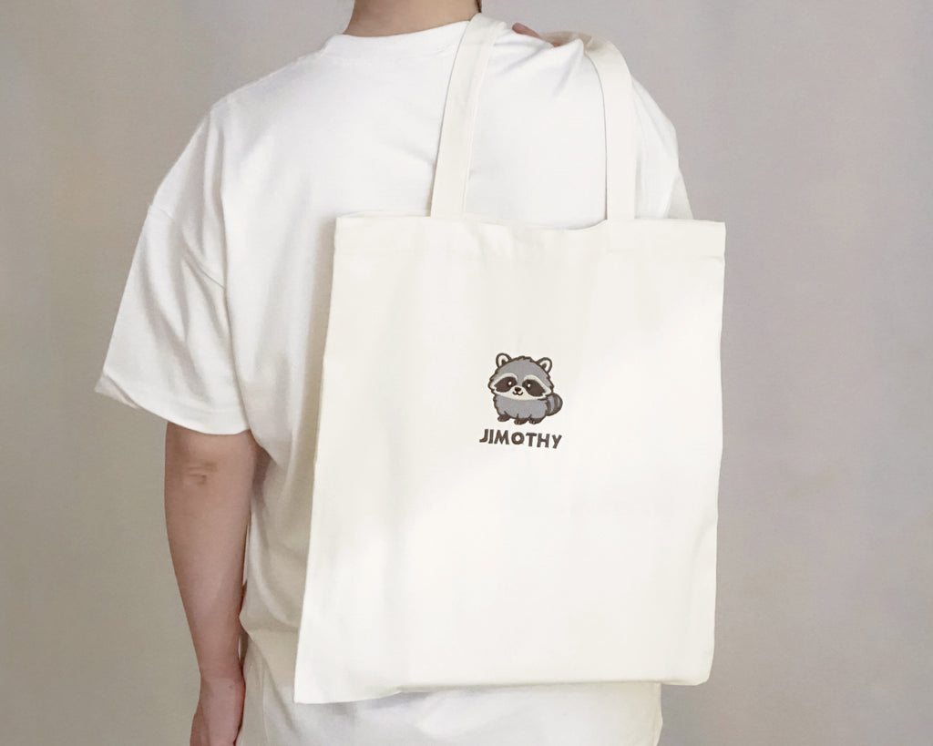 Jimothy Raccoon Canvas Tote Bag, Embroidered Seattle Raccoon Tote Bag, Viral Raccoon Gift, Ballard Short Spine Raccoon Bag